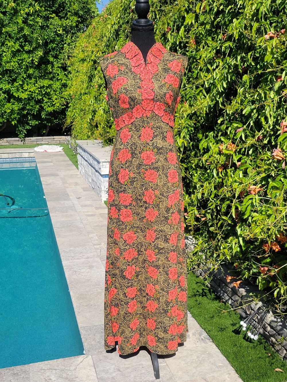 Red Floral Fitted Empire Waist Ruffle High Neck Maxi Dress